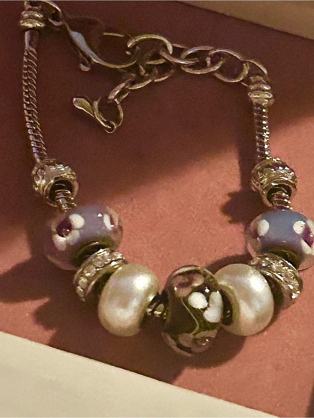 bella Perlina Lavender Floral and Pearl Bead glass and crystal charm Bracelet